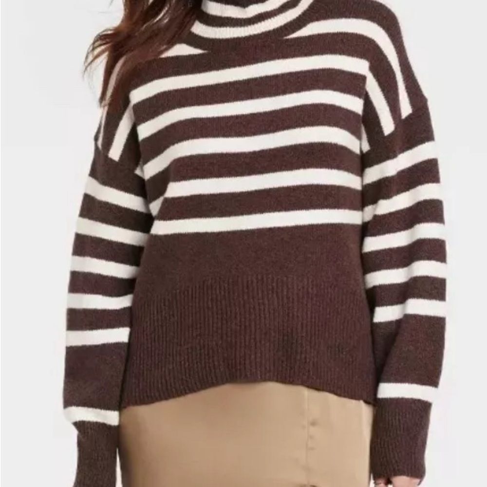 Women's Mock Turtleneck Pullover Sweater - A New Day Brown/Ivory Striped Size XS